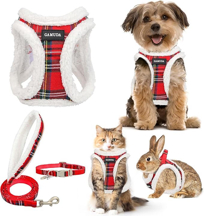 GAMUDA Small Dog Harness Collar and Leash Set, Step in No Chock No Pull Soft Mesh Adjustable Dog Vest Harnesses Plaid Reflective for Dogs Puppy Cats Kitten Rabbit (Warm Red, M)
