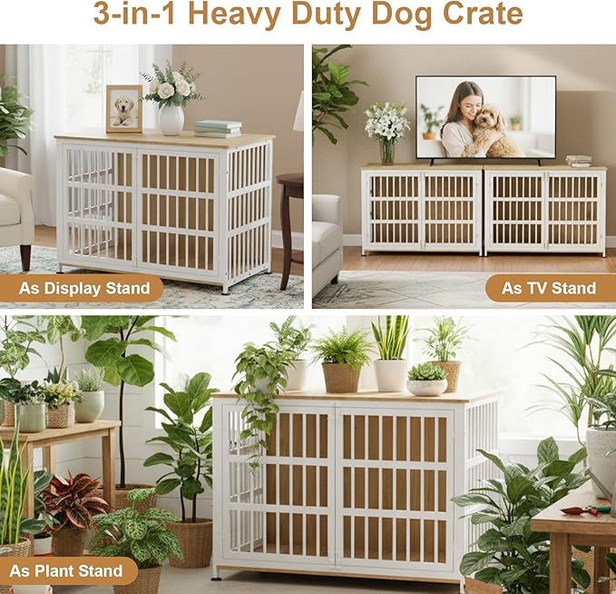 46" Dog Crate Furniture with Wheels, XXL Heavy Duty Dog Kennel Indoor for XL Dogs, Metal Chew-Proof Dog Cage, 45.9" L x 27.6" W x 32.4" H, Decorate House as TV Stand, End Table — Natural and White