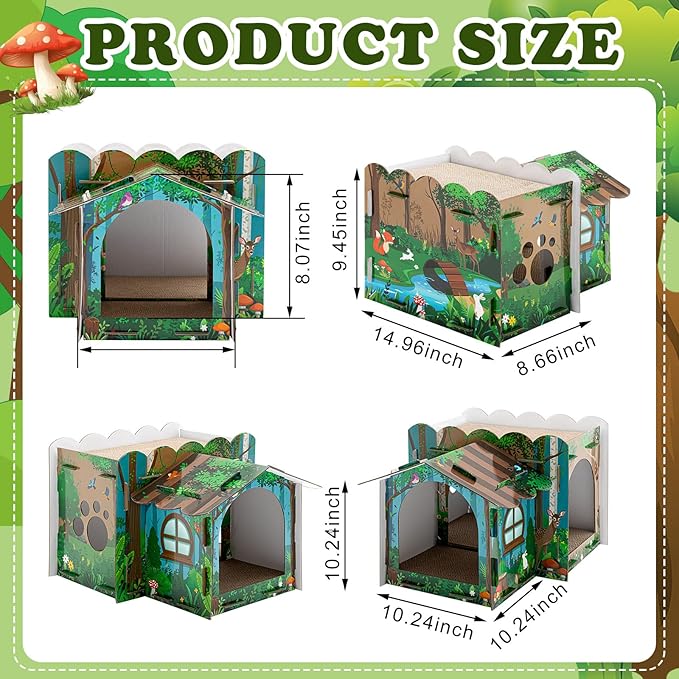 2 Story Cardboard Cat House with Scratcher Pad for Small Kitten,17x12x10 Multi Level Durable Cat Condo & Villa for Bunny Rabbit Small Animals Christmas Birthday Gift(Forest)