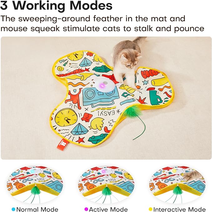 Potaroma Interactive Cat Feather Toys, Hide and Seek Concealed Moving Feather Wand, Rechargeable Touch Activated Indoor Kitten Exercise Kicker, Mouse Squeaky, Graffiti Cover