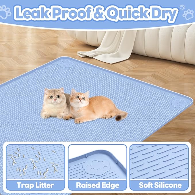 Cat Litter Mat, Extra Large 40" x 28" Silicone Mat Litter Trapping Mat for Scatter Control, Soft on Kitty Paws, Easy to Clean (Blue)