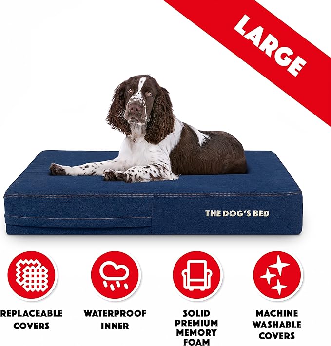 The Dog’s Bed Orthopedic Memory Foam Dog Bed, Large Blue Denim, Pain Relief for Arthritis, Hip & Elbow Dysplasia, Post Surgery, Lameness, Supportive, Waterproof Washable Cover, Veterinary Approved