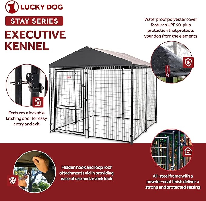 Lucky Dog Stay Series 8 x 8 Feet Executive Black Powder Coat Steel Frame Outdoor Dog Kennel with Waterproof Canopy Roof and Single Gate Door, Grey