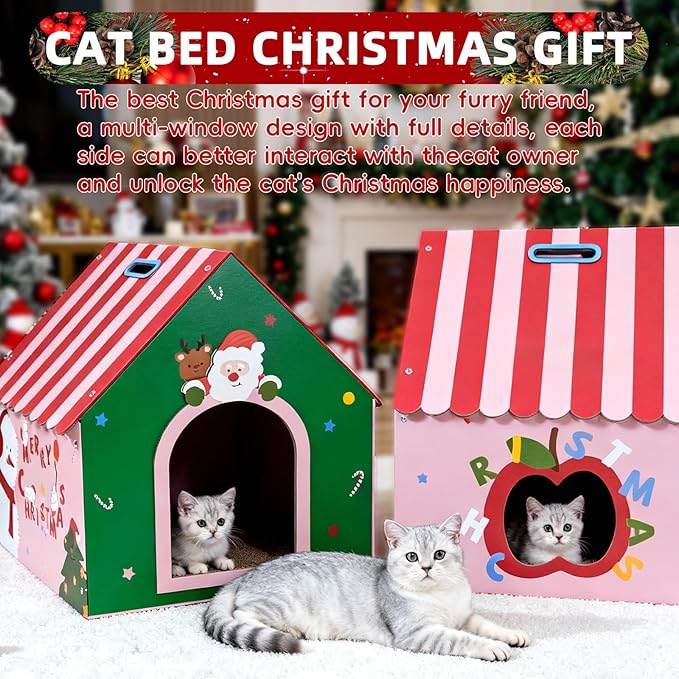 WUGO Christmas Cat Scratcher House - Cardboard Cat House with 2pcs Scratching Pad 16.5"x16"x17" Christmas Decorations Scratcher for Kitty Play House for Indoor Cats’ Birthday Cats Xmas Red