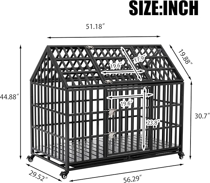 52/48/44 Inch Heavy Duty Dog Crate Indestructible and Escape-Proof Dog Cage Kennel for Large Medium Dogs Extra Large XL XXL with Lockable Wheels Removable Tray Double Door Black