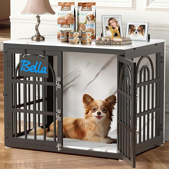 32" Dog Crate Furniture, Heavy Duty Dog Crates, Dog Kennel Furniture Indoor for Small Dog as TV Stand, Wooden Cage End Table for Indoor Decoration, Name Tag Escape-Proof Locks & Double Door