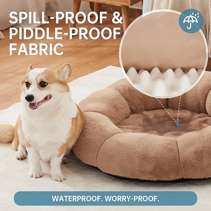 OhGeni 31 inches Calming Donut Orthopedic Dog & Cat Bed for Medium Pets, Warming Comfort Fluffy Short Pile Fur, Durable Waterproof Machine Washable Removable Cover, Cute Round Bed for Puppy, Camel