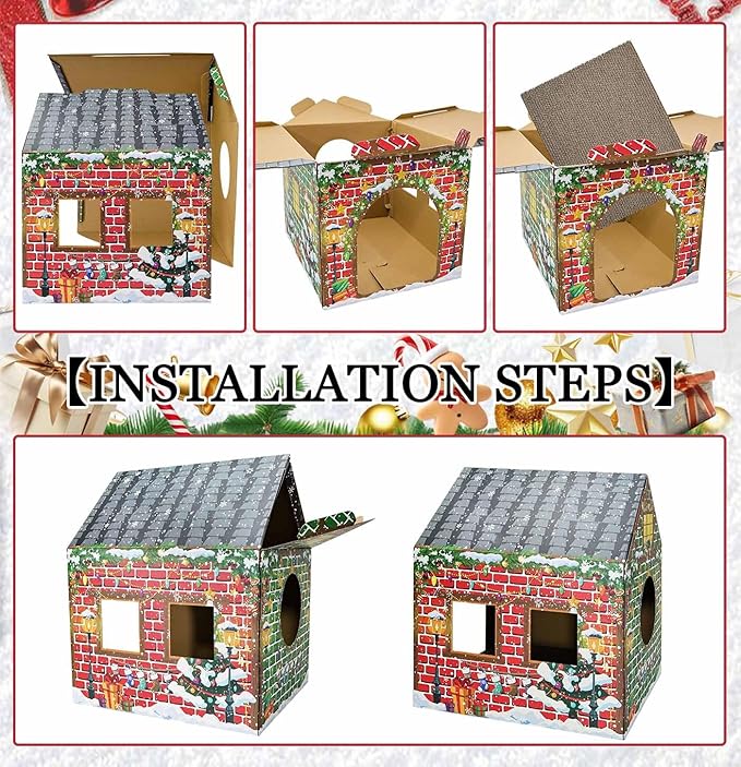 Christmas Cardboard Cat House with Scratch Pad Large Christmas Cat Scratching Playhouse Scratcher House for Indoor Xmas Cats Cardboard Cat Play Box (Red and Green)