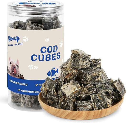 PAWUP Cod Skin Cubes Dog Treat, Chew Fish Skins Rolls w/Taurine, One-Ingredient Grain Free Healthy Dog Treat, Rich in Omega3, 8 oz