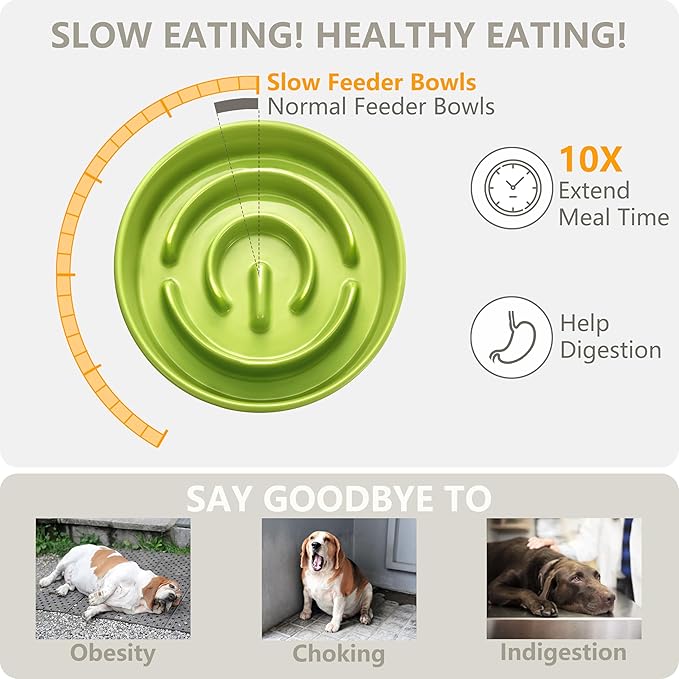 Ceramic Slow Feeder and Water Bowl Set for Small Dogs, 6.0inch Ceramic Dog Bowls Elevated with Wooden Stand, 0.6 Cups Dog Slow Feeder(14oz) and 30oz Water Bowl Set, Green