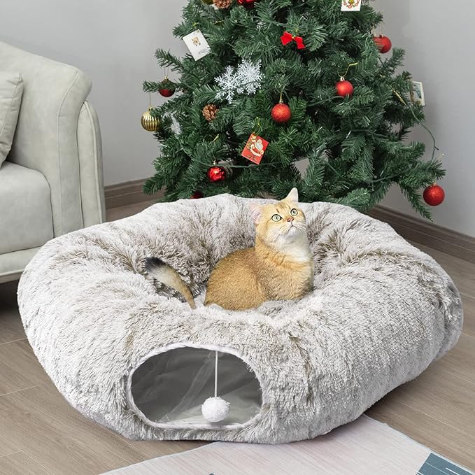 AUOON Cat Tunnel Bed - Christmas Tree Cat Tunnel, Cat Donut Tunnel with Soft Plush Circle Cushion for Indoor Cats Kitten Kitty Puppy Rabbit Ferret (Khaki)