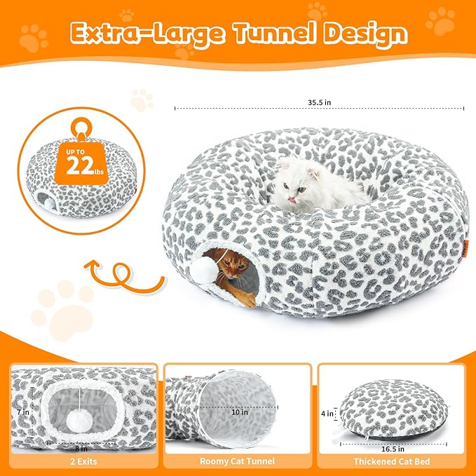 Cat Tunnel Bed for Indoor Cats 35.5 Inch XL Cat Donut Tunnels Cute Tubes Round Pet Play Tunnel Toy for Kitten Puppy Rabbit with Washable Circle Cushion Leopard Grey