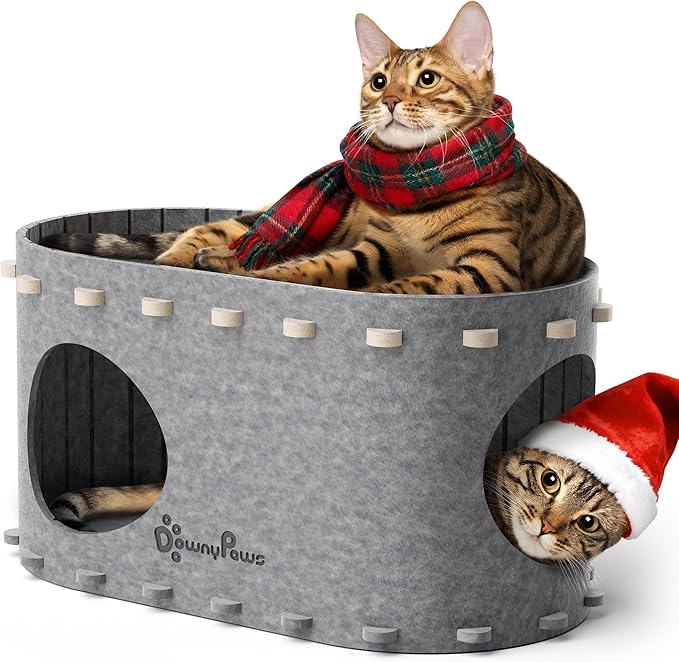 DownyPaws Cat House for Indoor Cats, Cat Bed Cave for Multiple & Large Cats Up to 22 Lbs, Scratch Resistant, Foldable Peekaboo Kitten Caves Tunnel Enclosed Bed, PeekaPurr, Light Gray