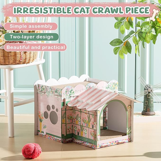 2 Story Cardboard Cat House with Scratcher Pad for Small Kitten,17x12x10 Multi Level Durable Cat Condo & Villa for Bunny Rabbit Small Animals Christmas Birthday Gift(Florist)