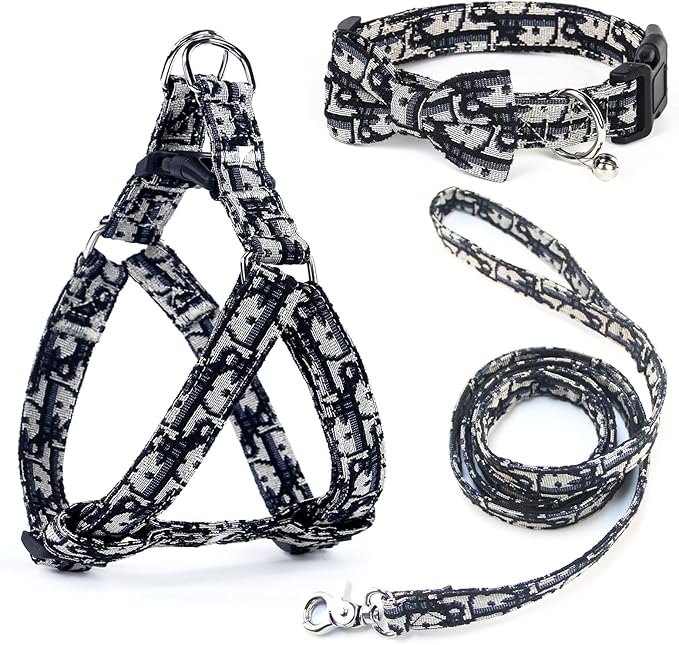 Dog Collar and Harness with Leash Set, Breathable Puppy Harnesses for Small Dogs, No Pull Easy Walking Pet Harness, Black, S