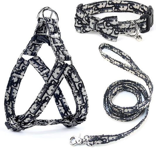 Dog Collar and Harness with Leash Set, Breathable Puppy Harnesses for Small Dogs, No Pull Easy Walking Pet Harness, Black, S