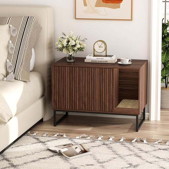 Cat Litter Box Enclosure, Fluted Hidden Litter Box Furniture with Scratch Pad and Metal Legs, Modern Enclosed Cat Cabinet, 31.5 x 17.7 x 21.7 Inches Indoor Pet House for Living Room, Washroom, Walnut