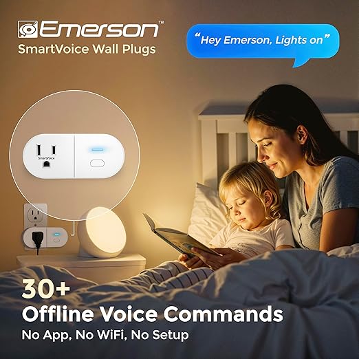 Emerson SmartVoice ES513 Wall Plug, Offline 30+ Voice Control Commands - No APP, No WiFi, No Setup, Smart Outlet Extender for Home and Office, Sleep & Wake Timer, ETL Listed