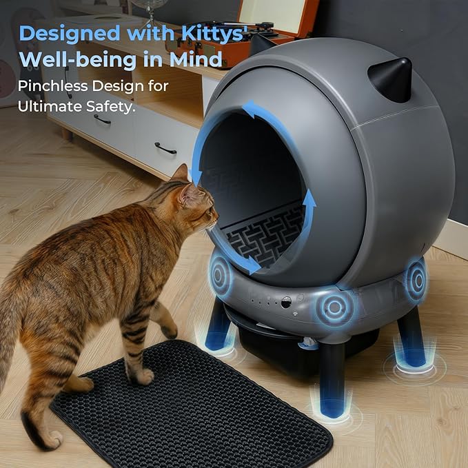 Self Cleaning Litter Box for Cats, Automatic Cat Litter Box with Smart APP Control and Health Monitoring, Includes 2 Roll Trash Bag & Litter Mat, Grey