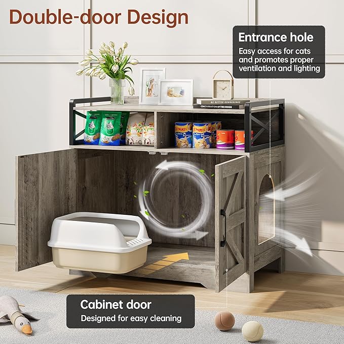 35" Ultra-Large Cat Litter Box Enclosure, Hidden Litter Box Cabinet with Anti-Tipping Fence and 2 Open Drawers, Enclosed Litter Box Furniture End Table, Grey