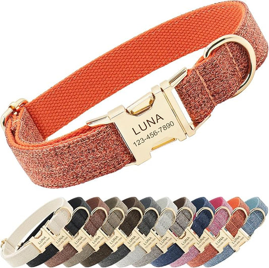Polyester Personalized Dog Collar with Name and Phone Number, Customizable Laser-Engraved Collar with Metal Quick Release Buckle for Dogs (Orange)