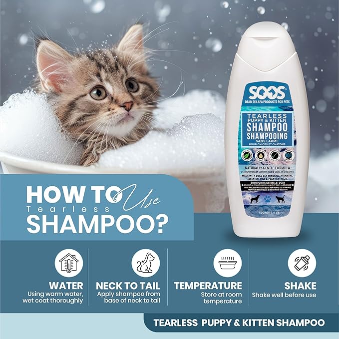 Soos Pet Tear-Less Shampoo for Puppies and Kittens | Natural Dead Sea Minerals | Fast Absorbing, Moisturizing, Gentle Skin Care | Vitamins & Essential Oils for Sensitive Skin - 500ml
