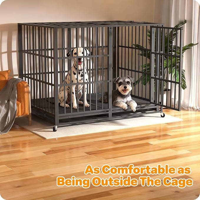 Heavy Duty Dog Crate 60 Inch, Indestructible Dog Crate with Removable Tray, Escape Proof & High Anxiety Dog Kennel Indoor, Metal Dog Cage with Wheels for Large Dogs, XL XXL XXXL