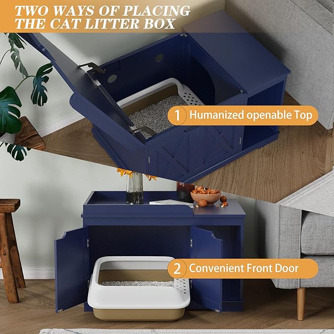 Flip Top Cat Litter Boxes Enclosure Covered Litter Box Hidden Furniture Wooden Cat Washroom Cabinet for Kitty, Medium and Large Cat Blue