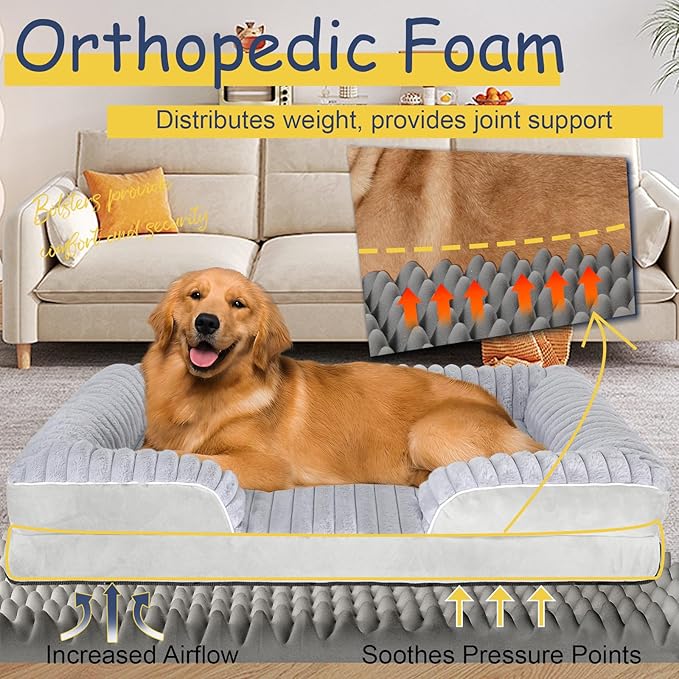 Orthopedic Dog Bed for Large Medium Sized, Washable Memory Foam Large Dog Bed Premium Soft Corduroy Fleece, Durable Medium Pet Sofa with Removable Cover, Washable Waterproof Pet Couch Beds(Grey, XXL)
