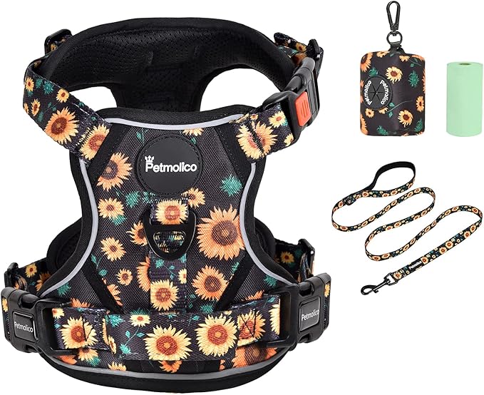 Petmolico No Pull Dog Harness Set with Leash Attachment Easy Control Handle Reflective Harness Vest Small Breed, Puppy Vest and Leash Set with Poop Bag Holder, XS - Sunflower