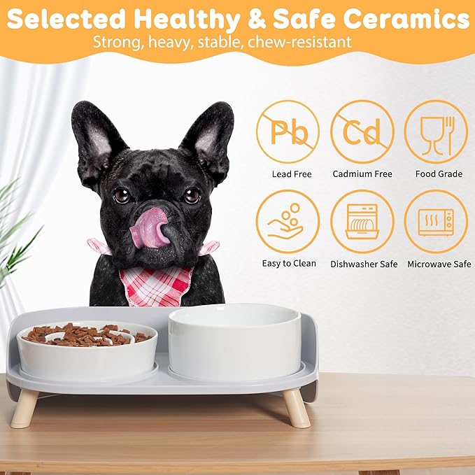 Elevated Slow Feeder Dog Bowls - Ceramic Food and Water Bowl Set with Stand - Raised Pet Dishes for Small and Medium Sized Dogs