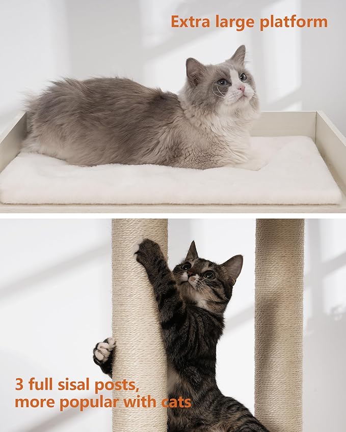 FourFurPets 43.7" Cat Tree, Modern Cat Tree Tower, Cat Tower for Indoor Cats Large Adult, Cat Condo with Scratching Post, Large Perch and Removable Pads, White