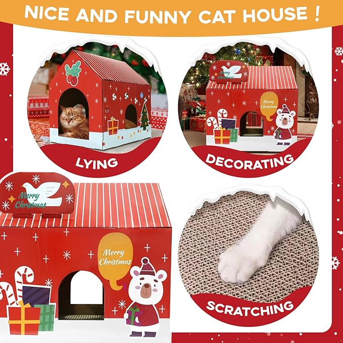 Christmas Cardboard Cat House with Scratching Pad (15"x12"x15") Cat Play House for Indoor Cats, Christmas Decorations Scratching Pad for Kitty