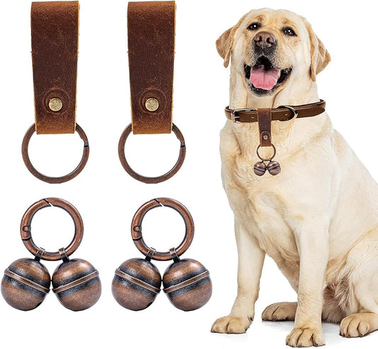 Loud Dog Collar Bells, Durable Pet Bells Tracker for Large Dogs, 4 Copper ells and 2 Leather Button Strap for Outdoor Safety, Pet Tracking, Hiking, Walking