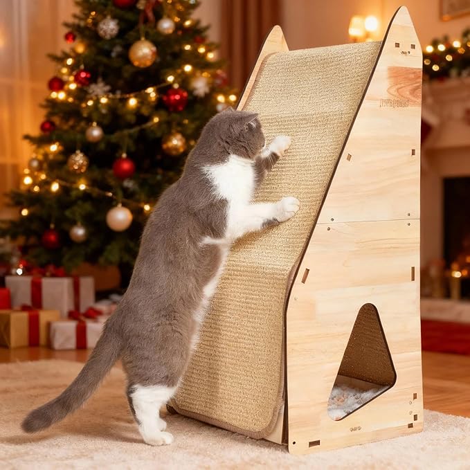 Wood-Framed Cat Scratching Post: Modern Sisal Scratcher Furniture, Integrated Cat Scratch Post Pad Condo Tunnel House Bed. All-in-One Space Saver for Multi-Cat & Budget-Friendly Homes (32in)