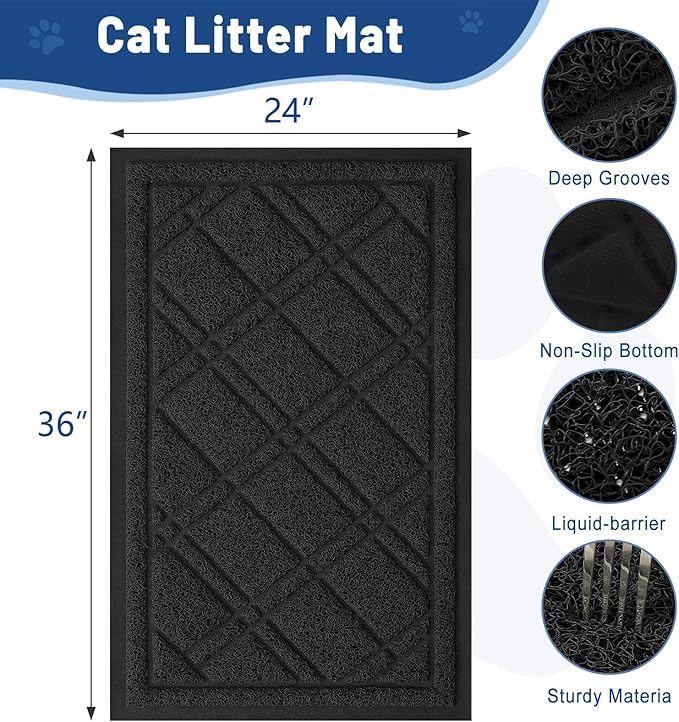 Smiry Cat Litter Box Mat 36x24, Non-Slip Water Resistant Litter Trapping Mat, Easy Clean Less Waste and Urine-Locking Cat Carpet for Indoor, Black