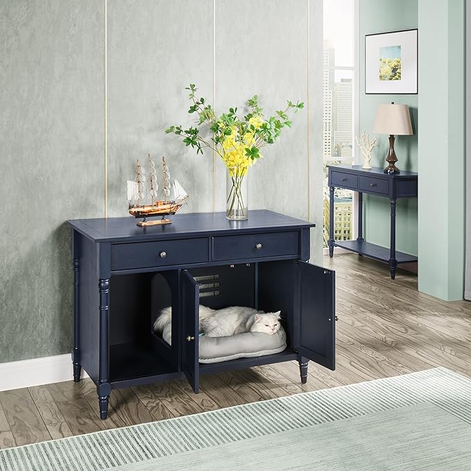 Pet Litter Box Enclosure, Hidden Litter Box Furniture with Storage Shelf, Indoor Cat House with 2 Drawers, Wooden Cat Washroom Modern Console, Pet Storage Cabinet, Fit Most of Litter Box