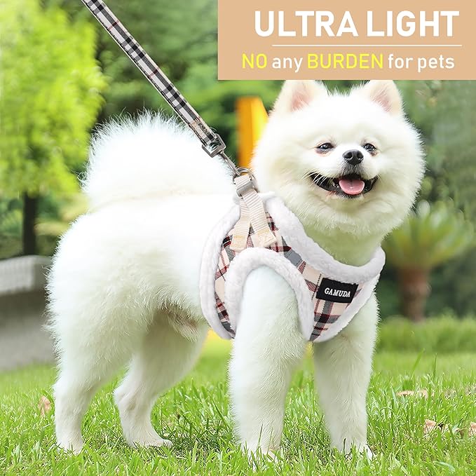GAMUDA Small Dog Harness Collar and Leash Set, Step in No Chock No Pull Soft Mesh Adjustable Dog Vest Harnesses Plaid Reflective for Dogs Puppy Cats Kitten Rabbit (Warm Beige, XXXS)