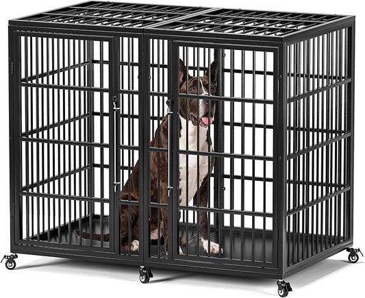 VERIFURTY 54 Inch Heavy Duty Dog Crate for Extra-Large Dogs with Self-Locking Latch, Escape-Proof Steel Kennel Indoor, XXL Large Double Door Metal Pet Cage with Wheels, Great Dan