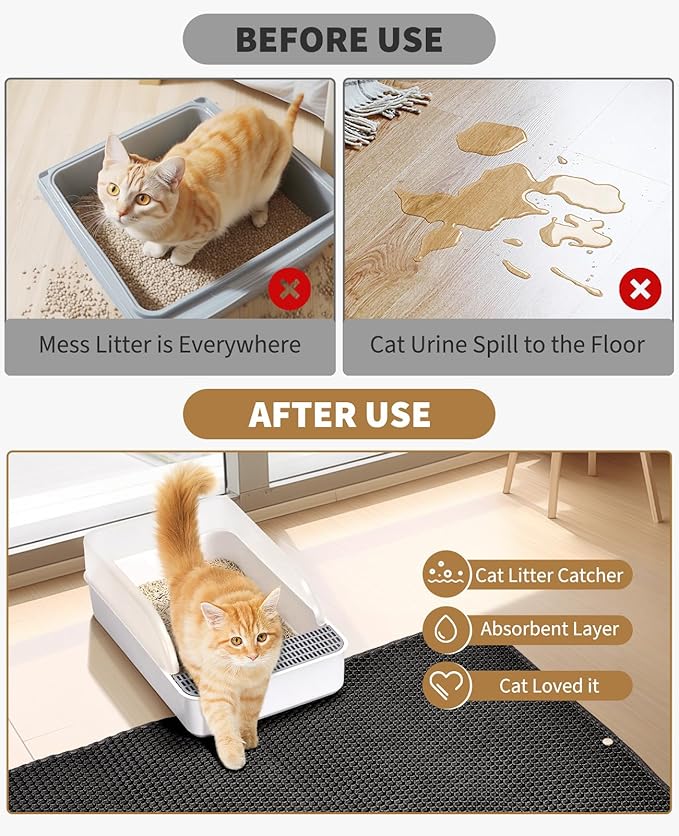 Fostanfly Cat Litter Mat, 45"x 27" Kitty Litter Trapping Mat, Extra Large XL Honeycomb Scatter Control, Urine & Waterproof, Machine Washable, Black