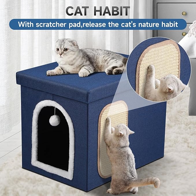Cat Litter Box Enclosure, Foldable Hidden Litter Box with Mesh Storage Bag, Litter Box Furniture Hidden with Waterproof Inside, Easy Clean, Odor Control, Easy Assembly, 21.6”L x 17.7”D x 17.7”H, Blue