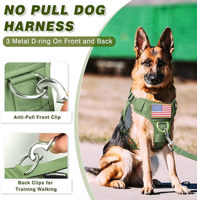 Tactical Service Dog Vest Harness and Leash Set,Heavy Duty Dog Harness with Metal Buckles for Large Dogs,Adjustable No Pull Pet Vest with 10 Patches,for Training Working,Green L