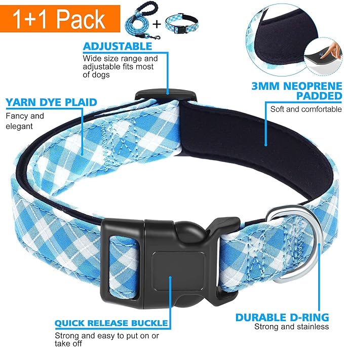 Reflective Dog Collar Padded with Soft Neoprene Breathable Adjustable Nylon Dog Collars for Small Medium Large Dogs (Small (Pack of 1), Vivid Blue Plaid Collar+Leash)
