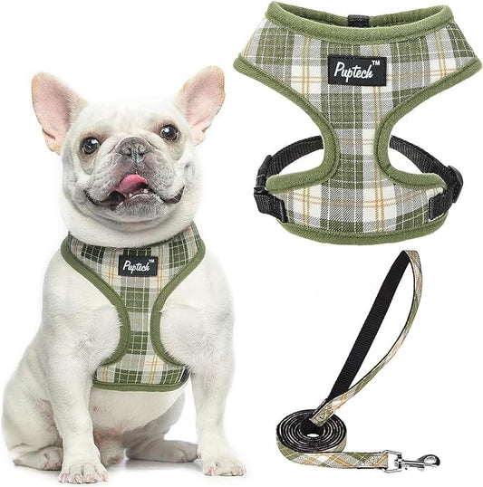 PUPTECK Soft Mesh Dog Harness and Leash Set Pet Puppy Cat Comfort Padded Vest No Pull Harnesses, Olive Green, L