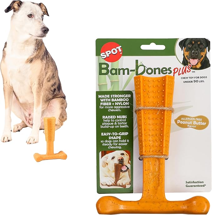 SPOT Bam-Bones Plus T Bone - Bamboo Fiber & Nylon, Durable Long Lasting Dog Chew for Aggressive Chewers – Toy for Dogs & Puppies Under 90lbs, Non-Splintering, 7in, Allergen Free Peanut Butter Flavor