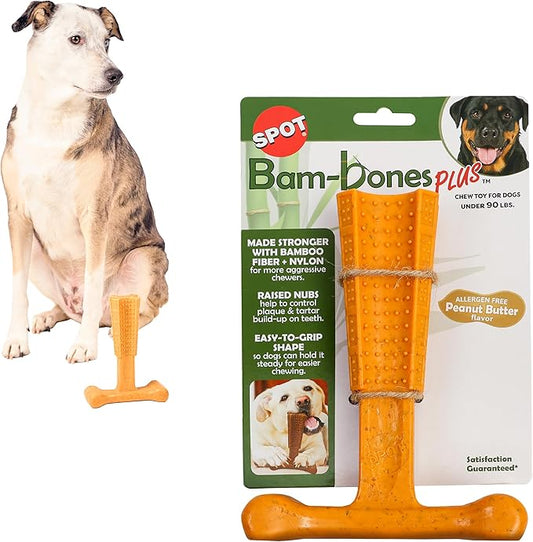 SPOT Bam-Bones Plus T Bone - Bamboo Fiber & Nylon, Durable Long Lasting Dog Chew for Aggressive Chewers – Toy for Dogs & Puppies Under 90lbs, Non-Splintering, 7in, Allergen Free Peanut Butter Flavor