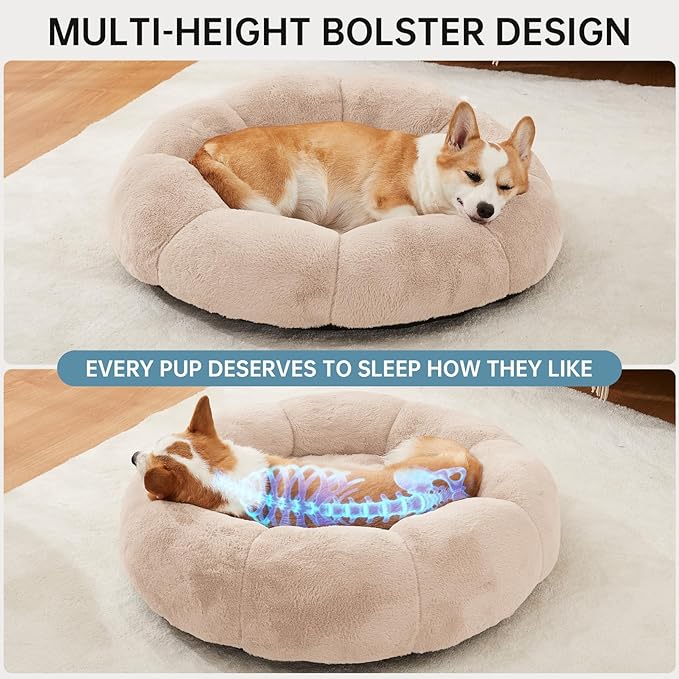 OhGeni 31 inches Calming Donut Orthopedic Dog & Cat Bed for Medium Pets, Warming Comfort Fluffy Short Pile Fur, Durable Waterproof Machine Washable Removable Cover, Cute Round Bed for Puppy, Cream
