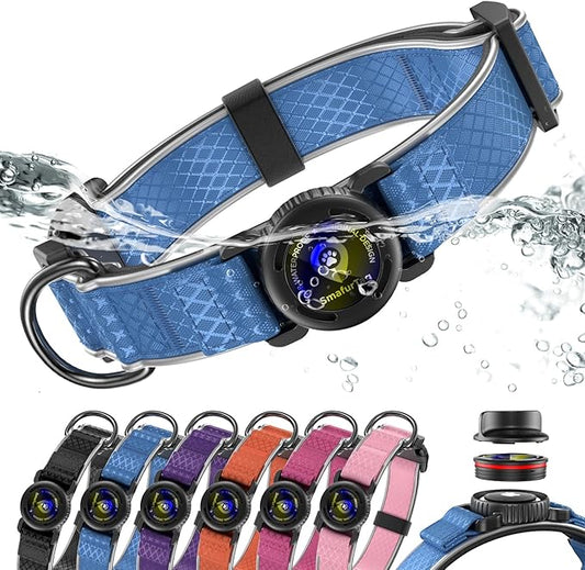 AirTag Dog Collar with QR Code ID & Waterproof Holder - Reflective, Durable Padded Oxford Collar Compatible with Apple AirTags for Large Dogs (Blue, L)