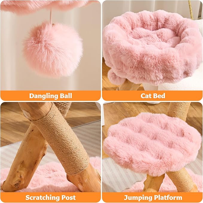 Cat Tree Modern Sturdy Solid Wood Cat Tower for Large Cat with Scratching Post for Indoor, Multifunctional Cat Tower with Cozy Bed and Platforms