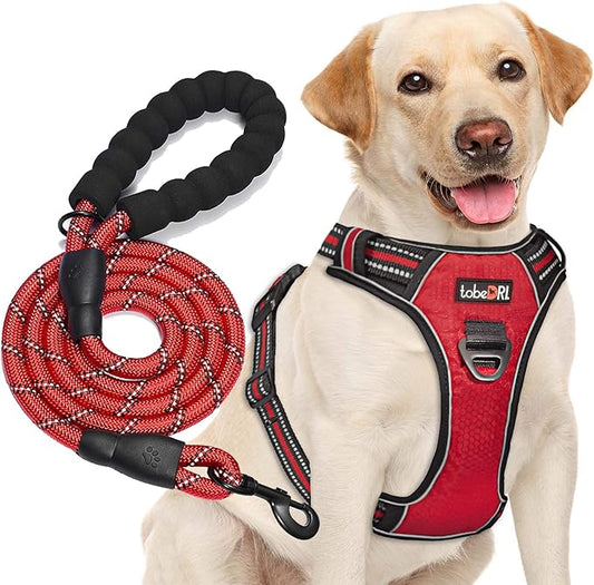 No Pull Dog Harness Adjustable Reflective Oxford Easy Control Medium Large Dog Harness with A Free Heavy Duty 5ft Dog Leash (L (Neck: 18"-25.5", Chest: 24.5"-33"), Red Harness+Leash)